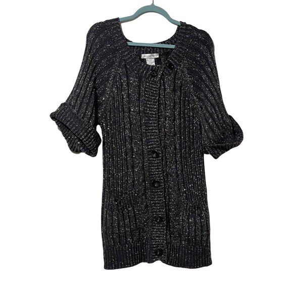 Vintage Newport News Metallic Black Short-Sleeve Cable Knit Cardigan Sweater S - Picture 1 of 6